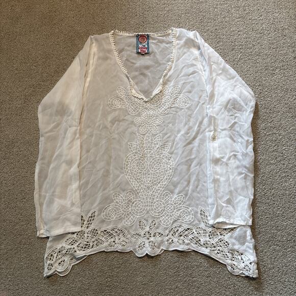 Johnny Was Blouse Womens Sz XS White Bohemian Lace Floral Cupra Rayon Designer - Picture 1 of 11